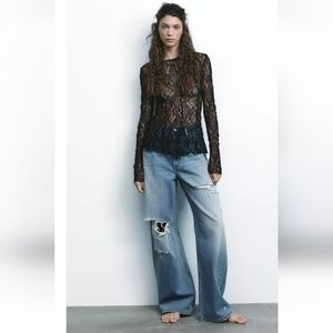 ZARA TRF MID-RISE BAGGY RIPPED JEANS